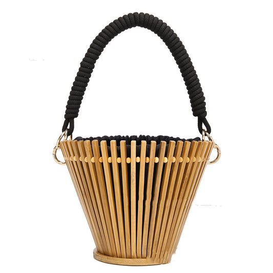 Round Bamboo Woven Handbag Portable Bamboo Rattan Bag