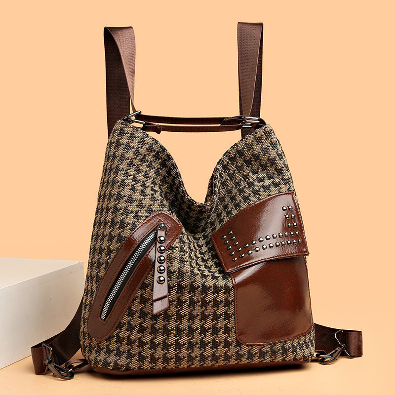 Sac à dos pied-de-poule pour femmes, design à rivets tendance, sacs à bandoulière léopard