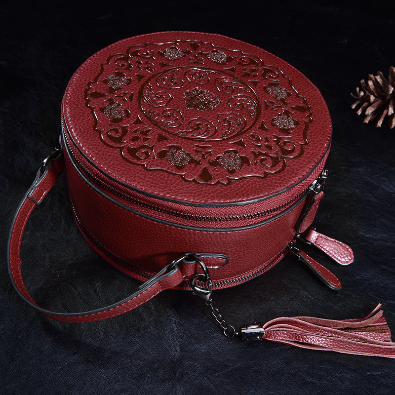 Literary Style Retro Handbag Round Leather