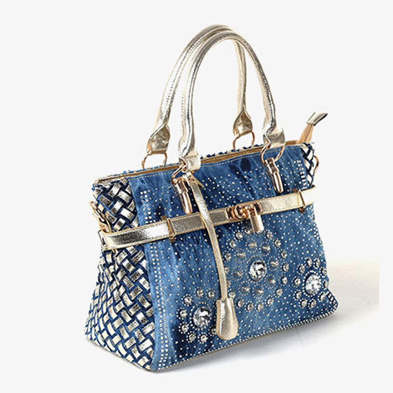 Sac messager à bandoulière simple en denim avec petite boucle et strass en verre pour femme