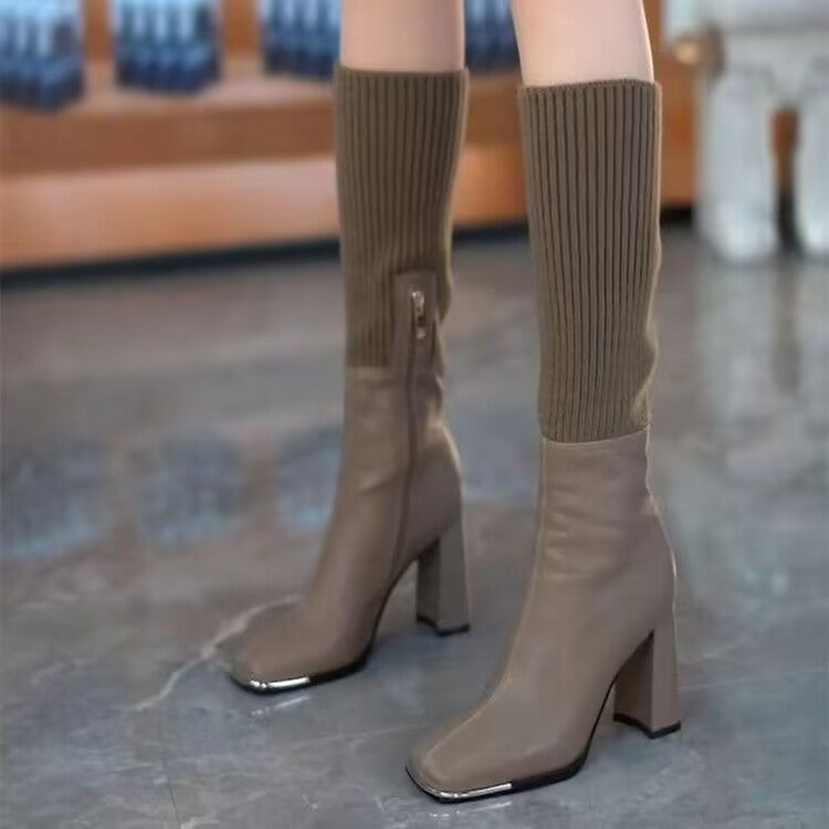 Botas largas de tacón grueso y cabeza cuadrada con calcetines elásticos de punto para mujer para otoño e invierno