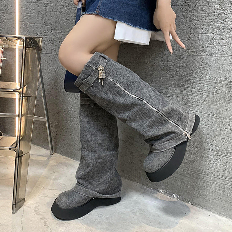 Women's French-style Platform Denim Boots