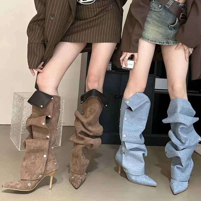 Bottes à talons aiguilles plissées en denim à coutures à boucle pour femmes