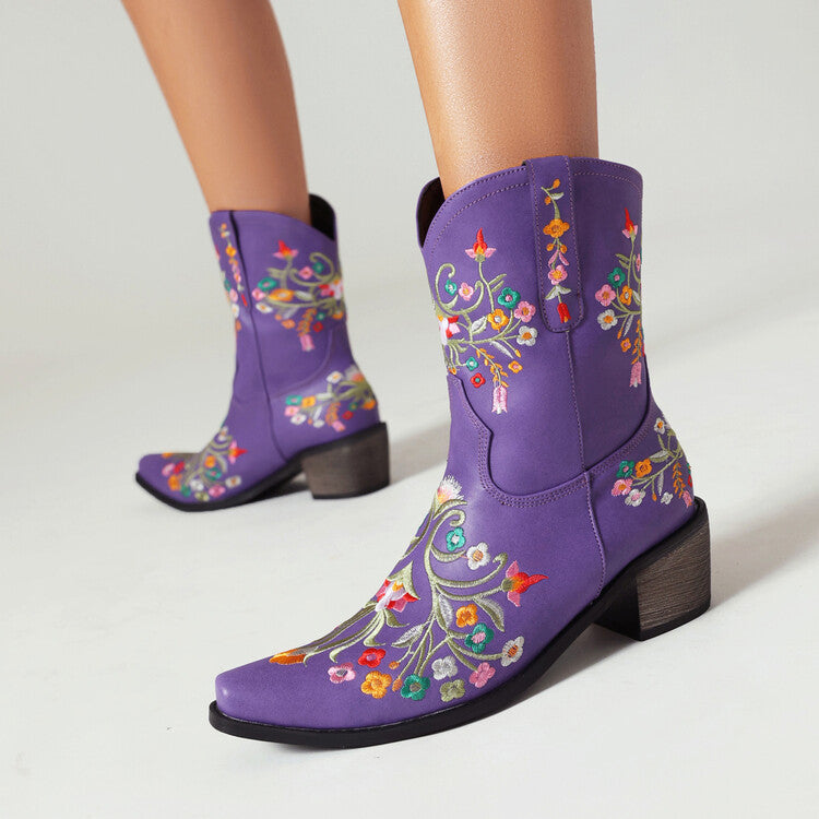 Botas de caballero estilo retro étnico con tacón grueso y cabeza cuadrada, bordadas y de colores a juego