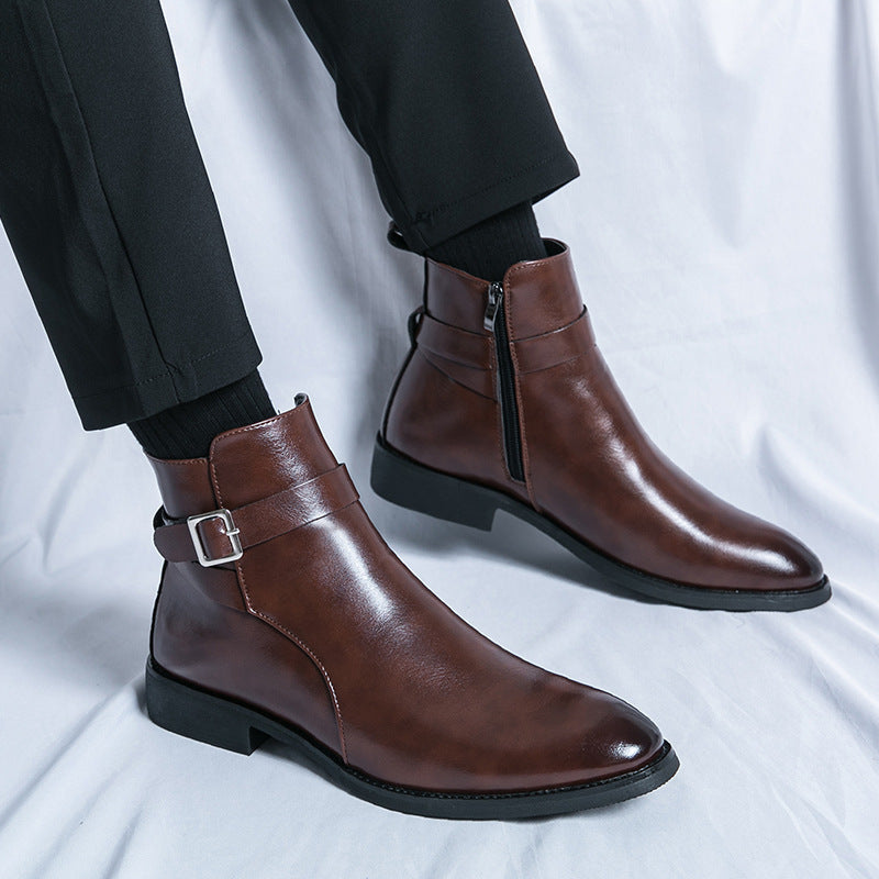 Chaussures montantes en cuir à la mode de style britannique pour hommes, bottes Martin mi-hautes à fermeture éclair latérale