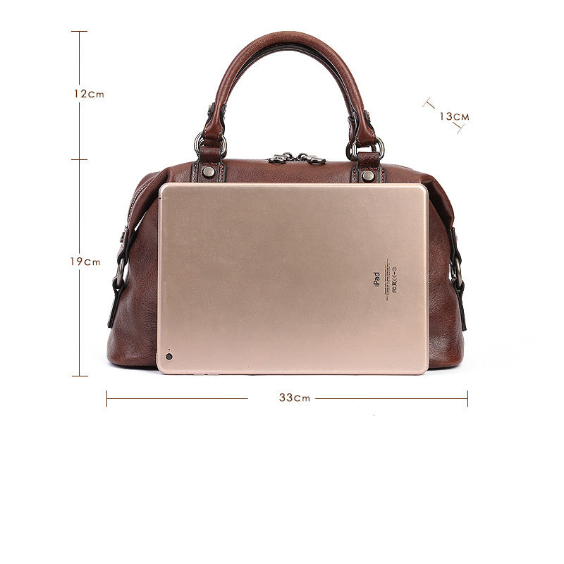 Women's Business Handbag First Layer Cowhide Zipper Shoulder Bag Large Capacity Retro Totem