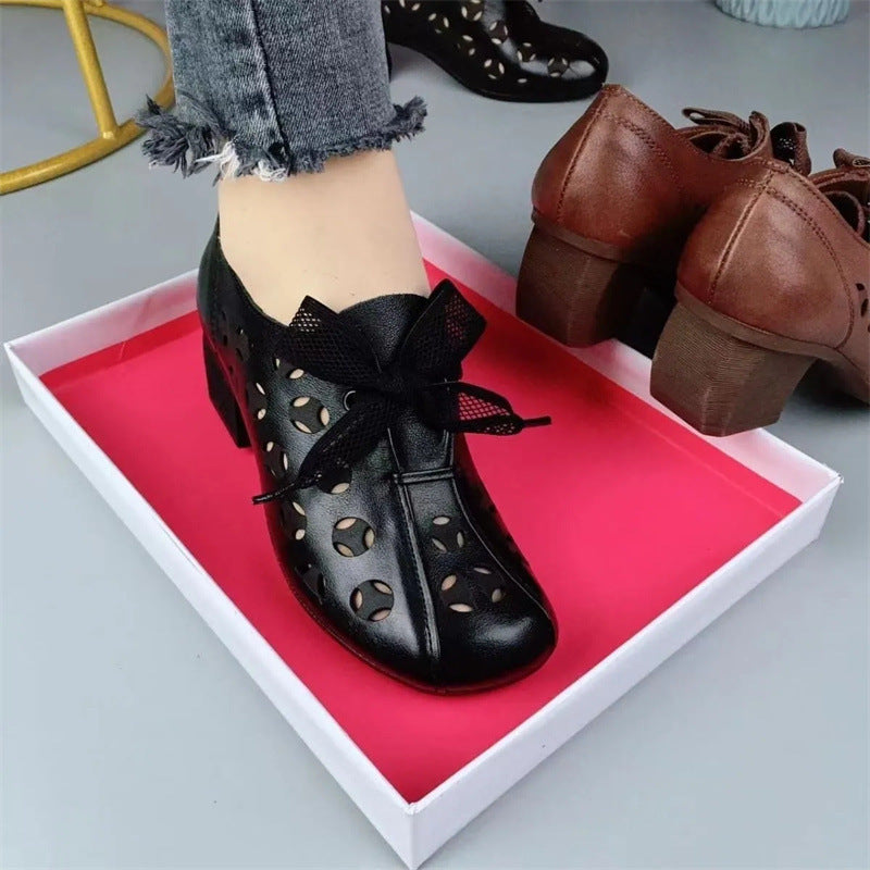 Zapatos de tacón grueso de piel auténtica para mujer