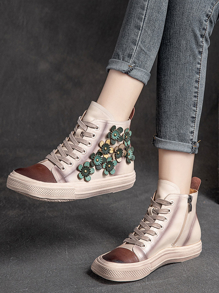 Women's Contrast Flower Square Head High-top Shoes