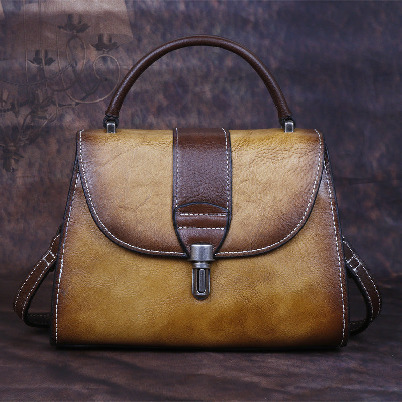 Top Layer Cowhide Fashion Small Bag Retro Style Rubbed Color