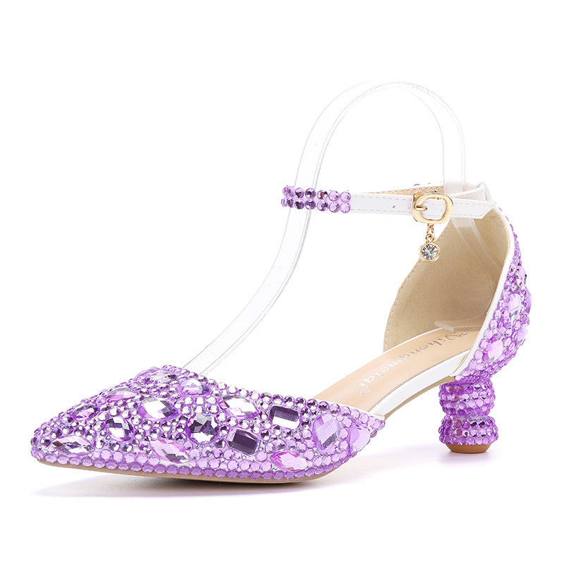 Chaussures basses d'été pour femmes, nouvelles chaussures à talon pointu en gourde de couleur bleue avec strass multicolores, mode mariage banquet