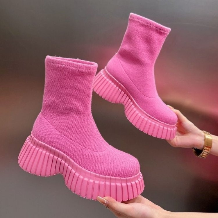 Botas largas de suela gruesa de color sólido, nuevas botas de moda de tejido elástico con mosca, calzado de invierno para mujer, botas altas