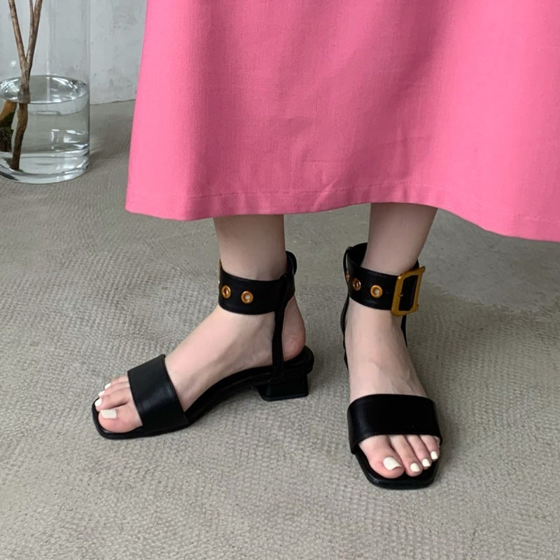 Chunky Heel Open Toe Leather Belt Big Gold Buckle Sandals