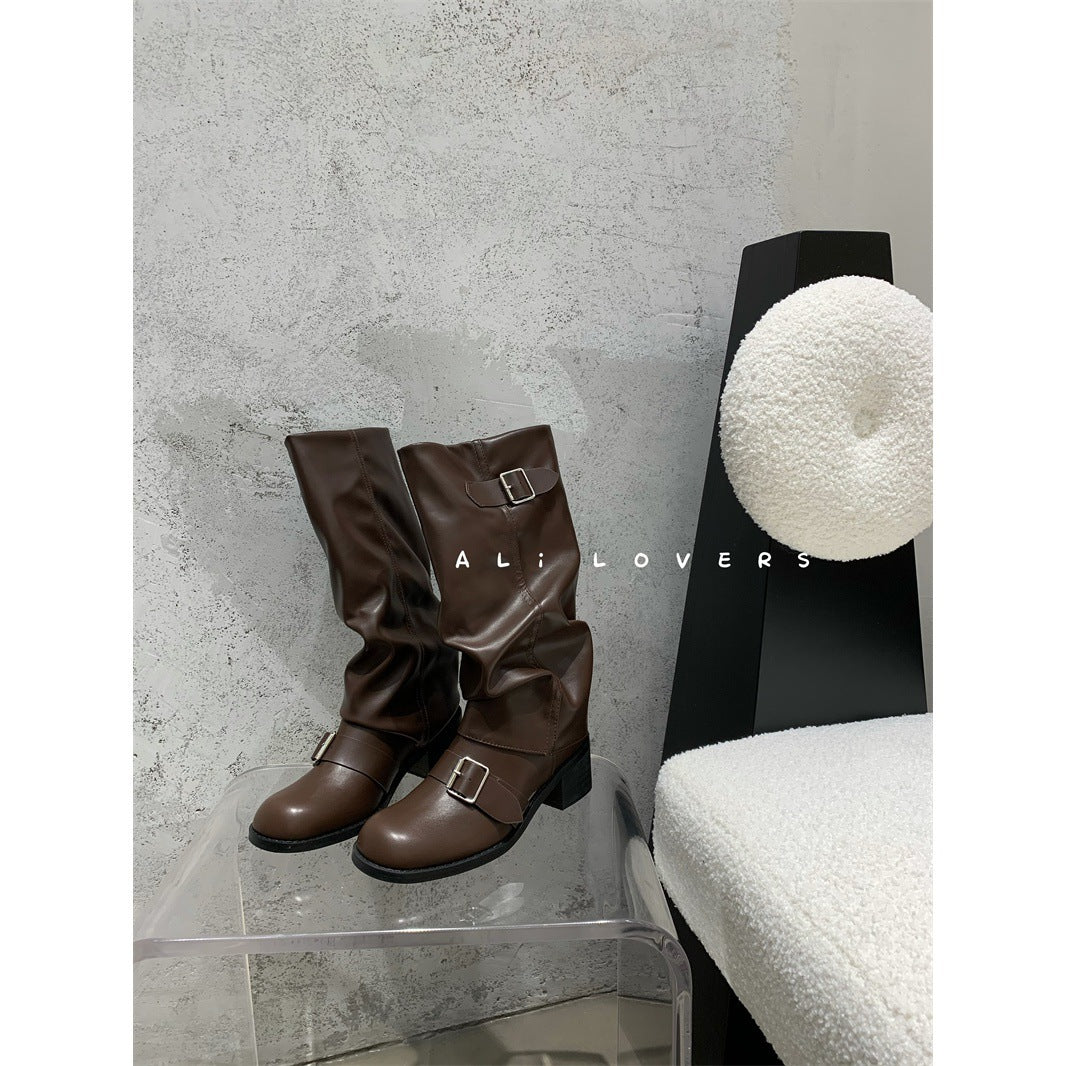 Botas de pelo plisado estilo americano para mujer