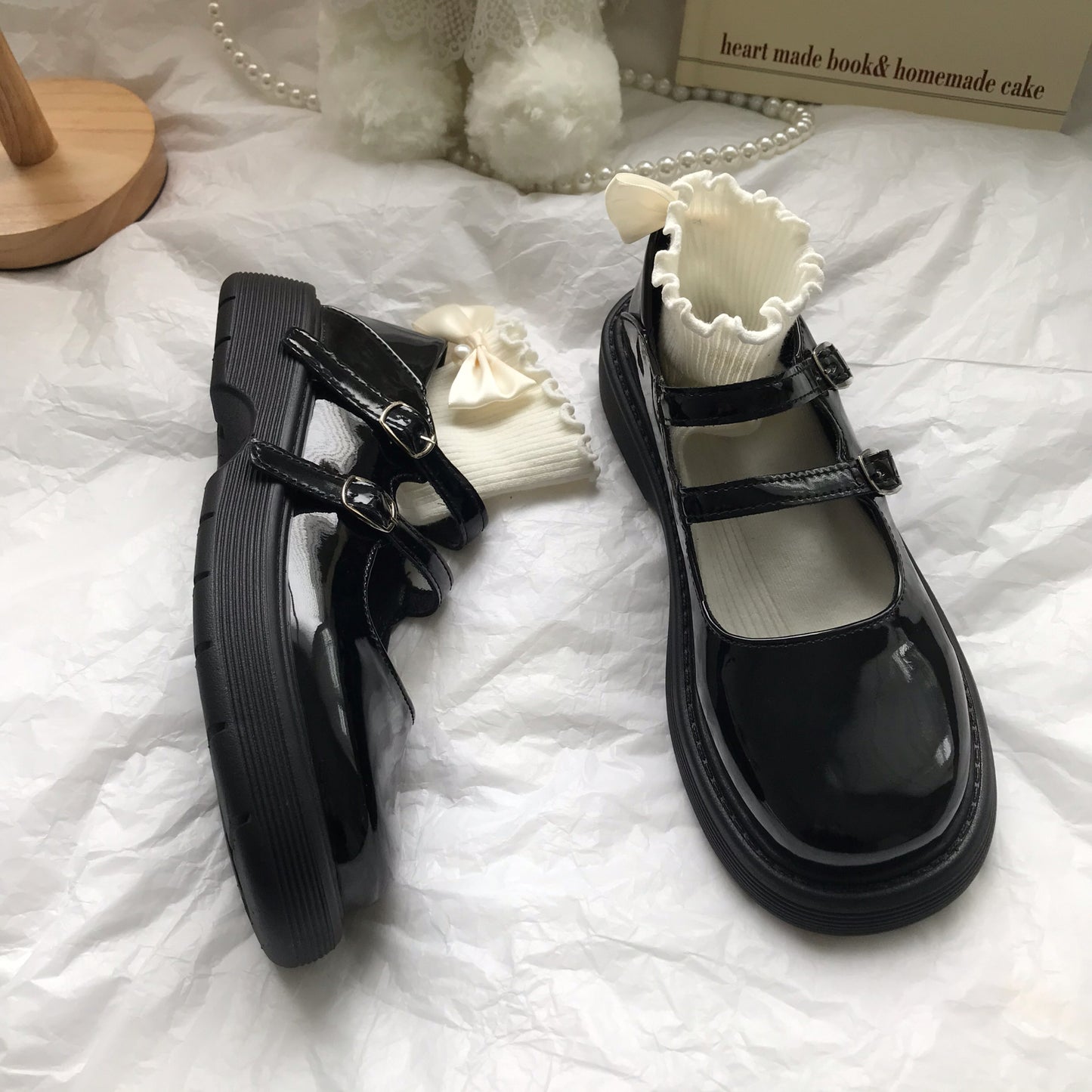 Zapatos de cuero negros estilo inglés retro pequeños para mujer línea de hadas con Mary Jane