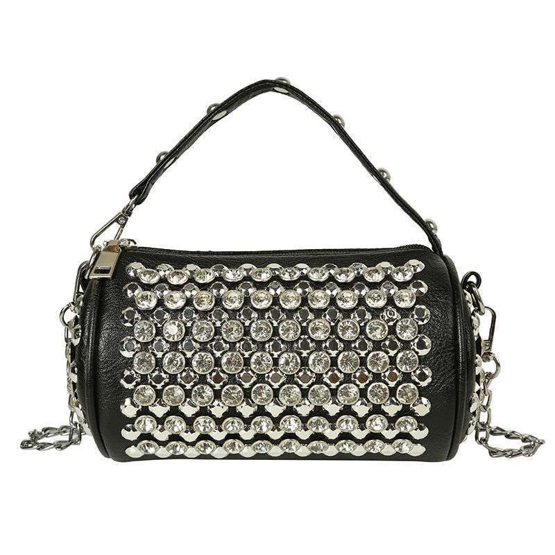 Bolsos de mano estilo western con forma de cilindro pequeño y incrustaciones de diamantes para mujer