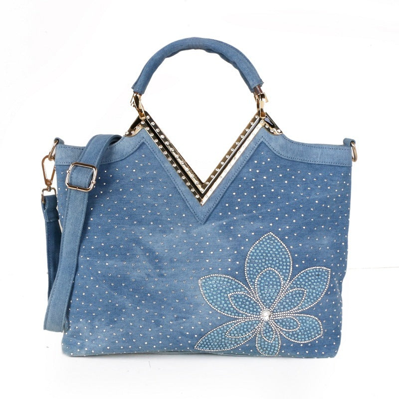 Sac en jean tendance en forme de V pour femme avec motif de fleurs en diamant