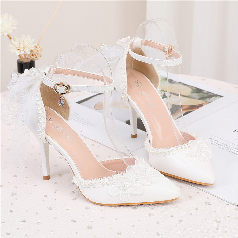 New Women's Solid Color Banquet White Low-cut Buckle Bow Pointed Stilette High Heels