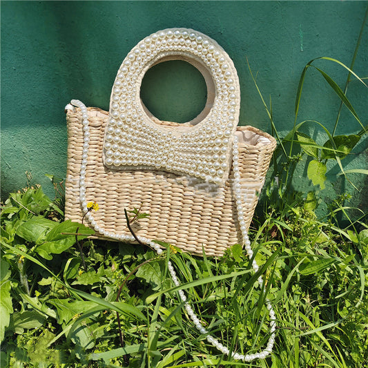 Summer Beach Braided Bow Pearl Straw Bag