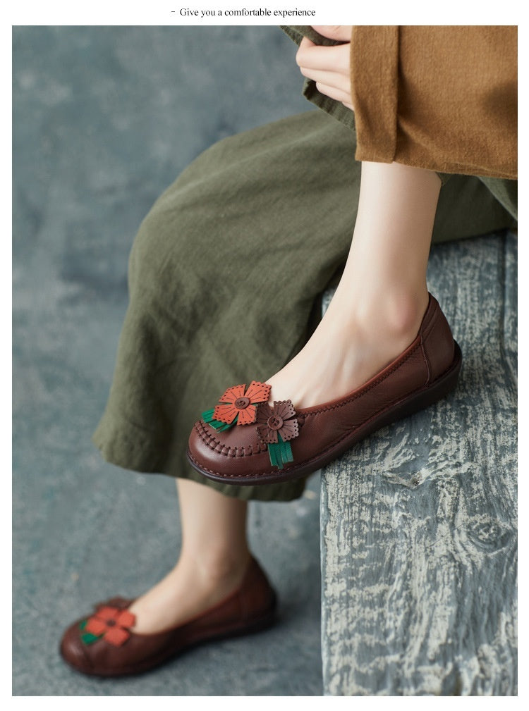 Ethnic Style Retro Handmade Cowhide Flower Soft Bottom Women's Shoes