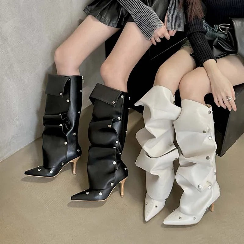 Bottes à talons aiguilles plissées en denim à coutures à boucle pour femmes