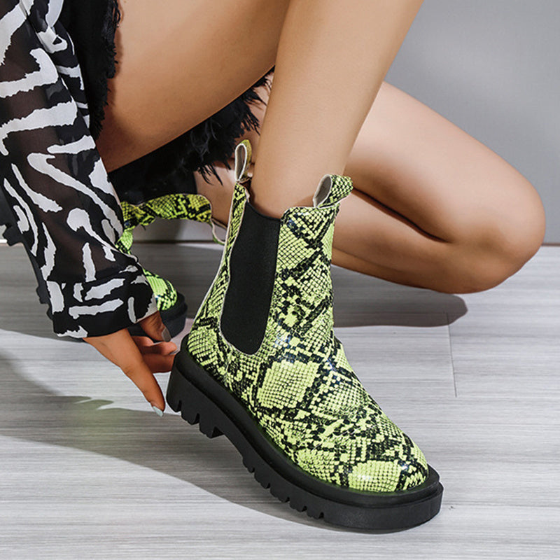 Botines de piel de serpiente con plataforma y cordones para mujer