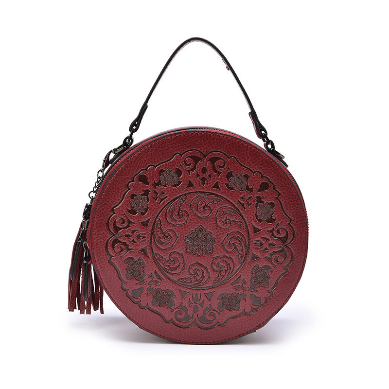 Literary Style Retro Handbag Round Leather