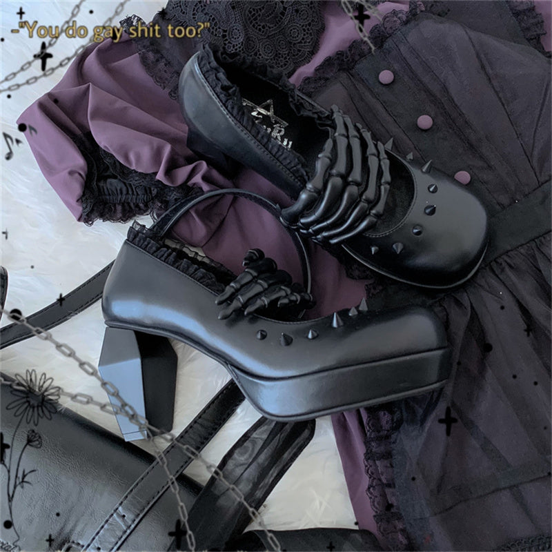 Skull Design Ladies High Heel Leather Shoes