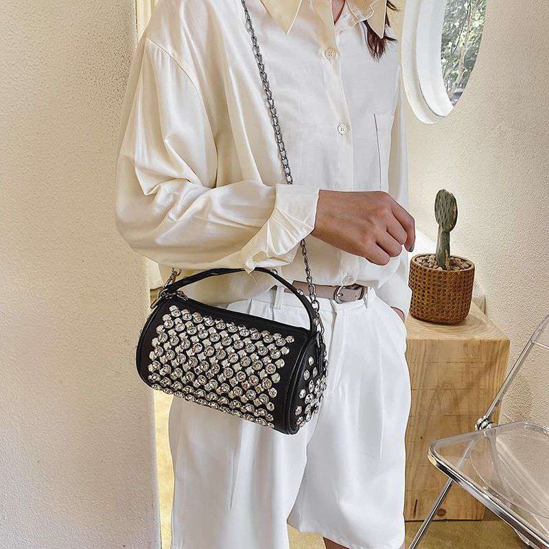 Bolsos de mano estilo western con forma de cilindro pequeño y incrustaciones de diamantes para mujer