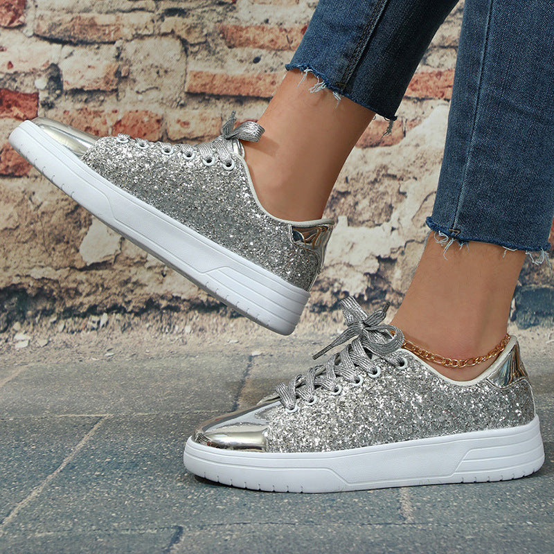 Zapatos planos con diseño de lentejuelas brillantes para mujer, zapatillas de deporte casuales de suela gruesa con cordones, zapatos de skate de moda