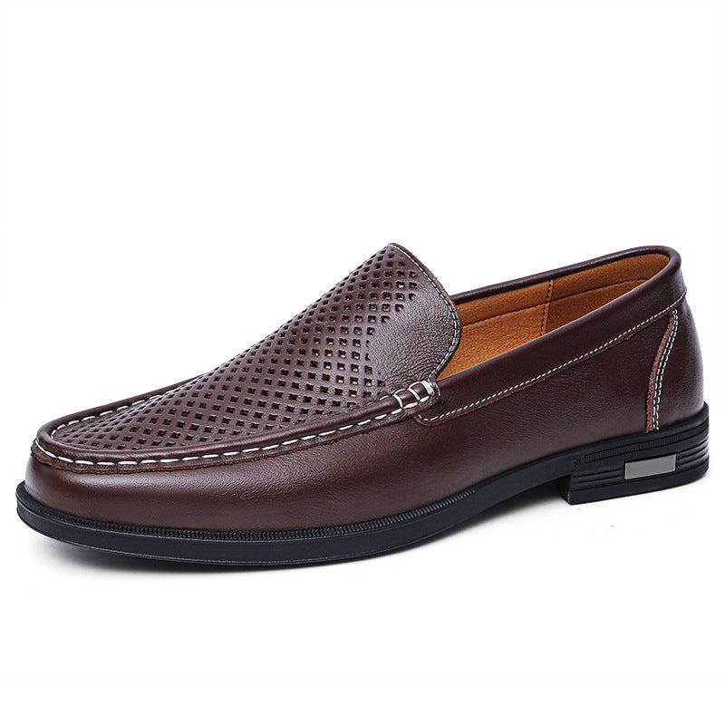 Cowhide Loafers Men's British Business Dress Slip-on Hollowed-out Breathable Leather Shoes