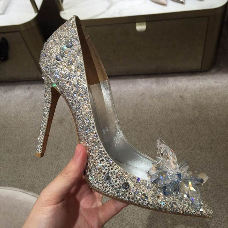 Tacones altos con diamantes de imitación y punta puntiaguda informales a la moda para mujer