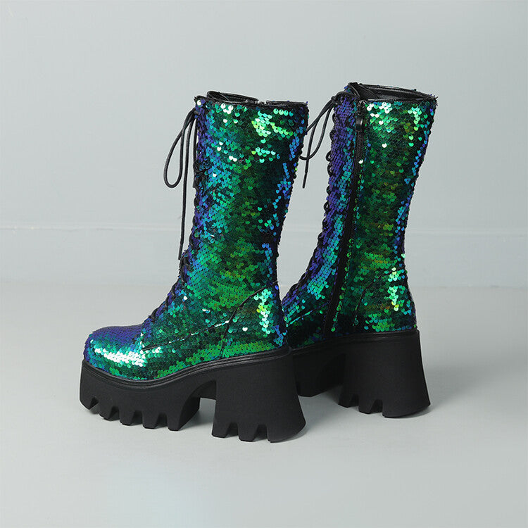 Sequins Mid-calf Martin Boots Round Head Front