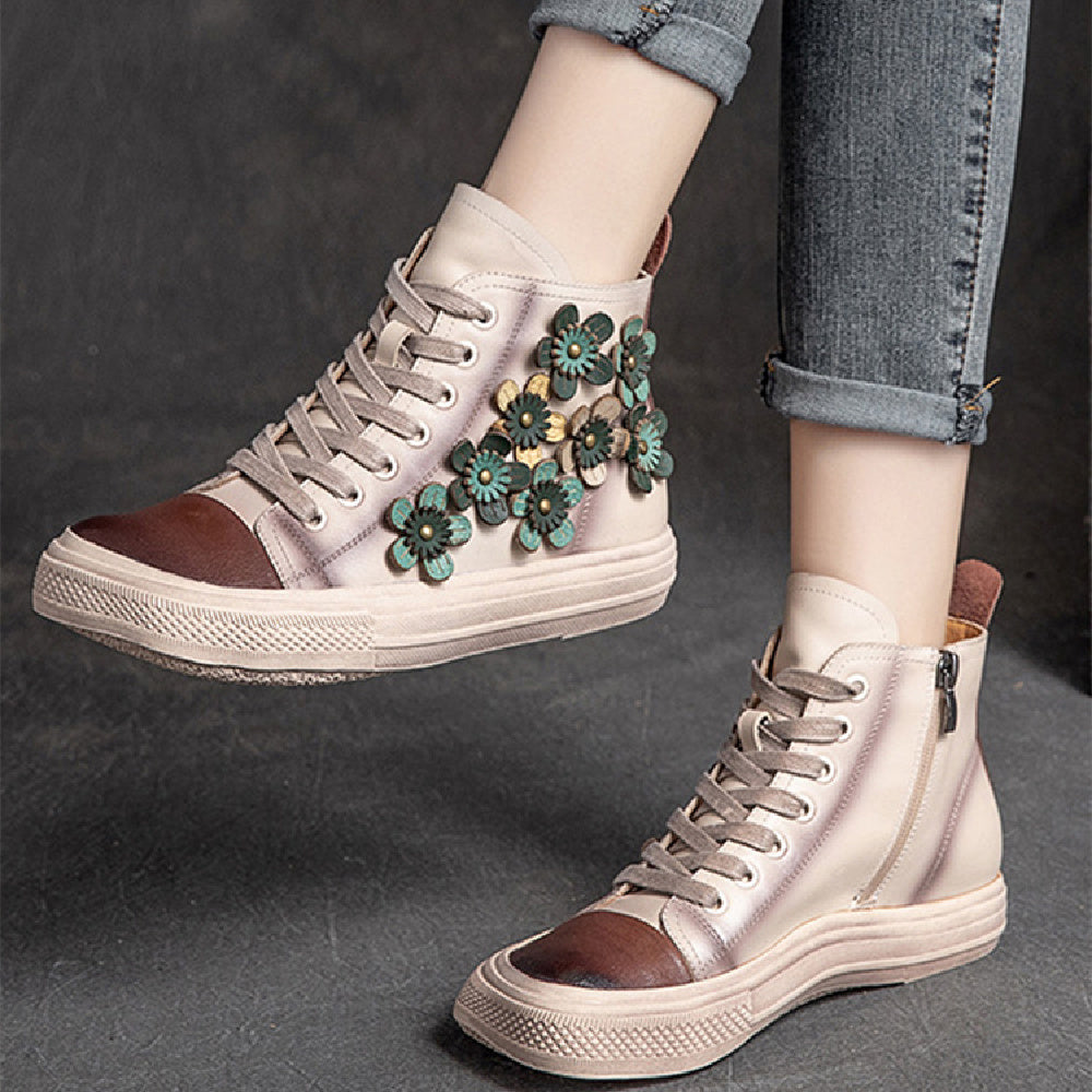 Women's Contrast Flower Square Head High-top Shoes