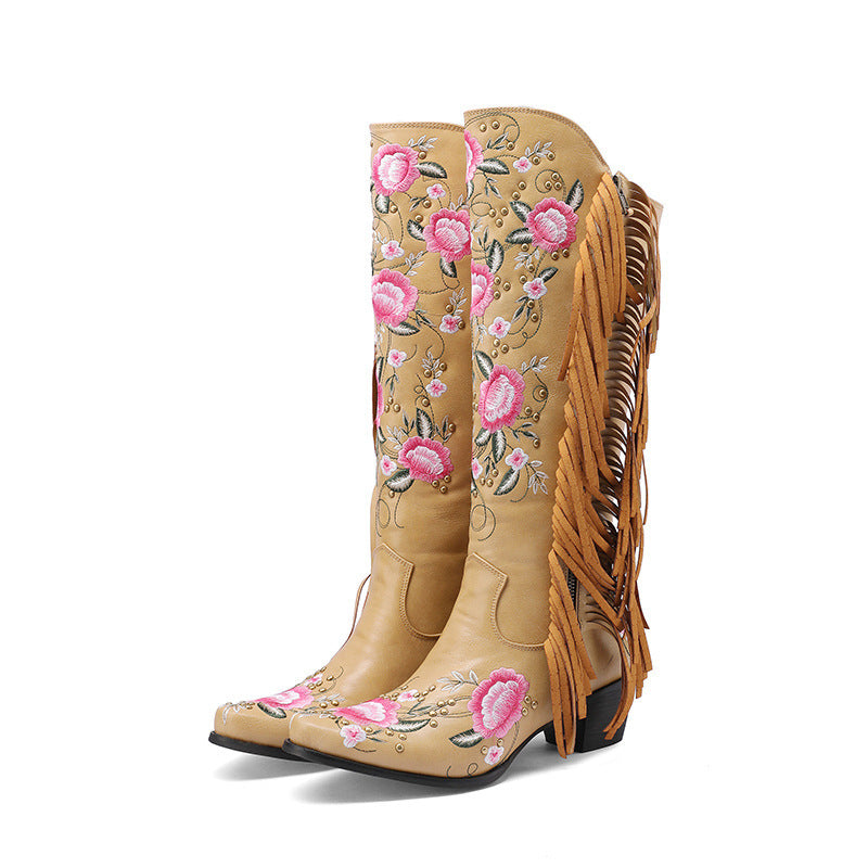 Embroidered Rivet Tassel Sleeve Western High Boots