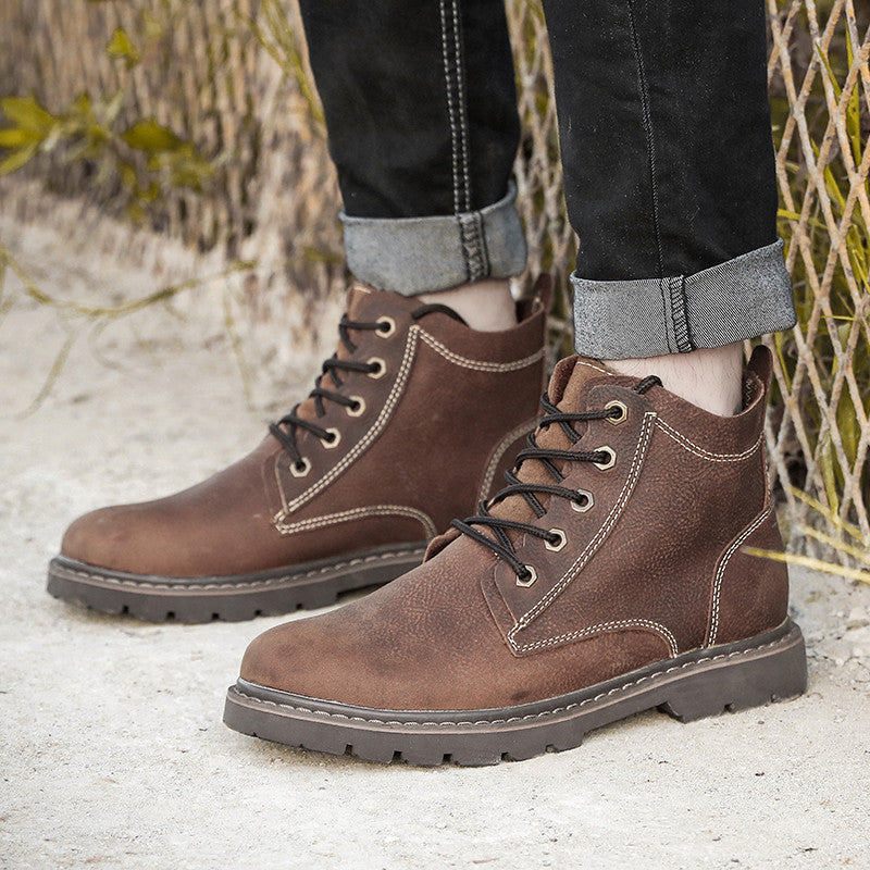 Botas de cuero vintage para hombre, zapatos de trabajo de caña alta