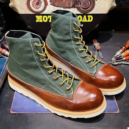 Bota de trabajo con plataforma de cuero genuino vintage para hombre