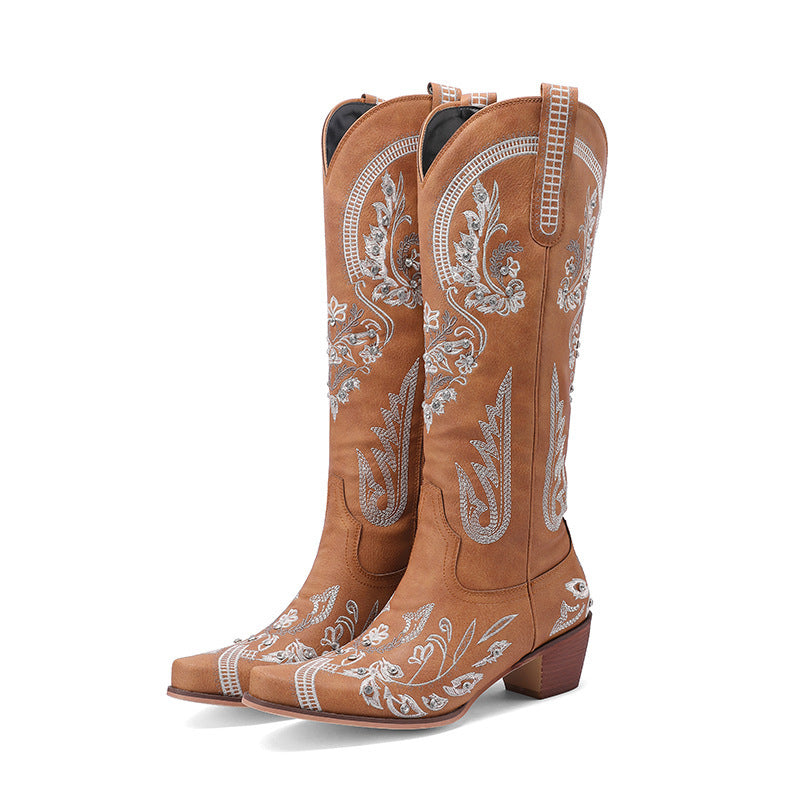 Embroidered Western Denim Retro Women's Knee-length Boots