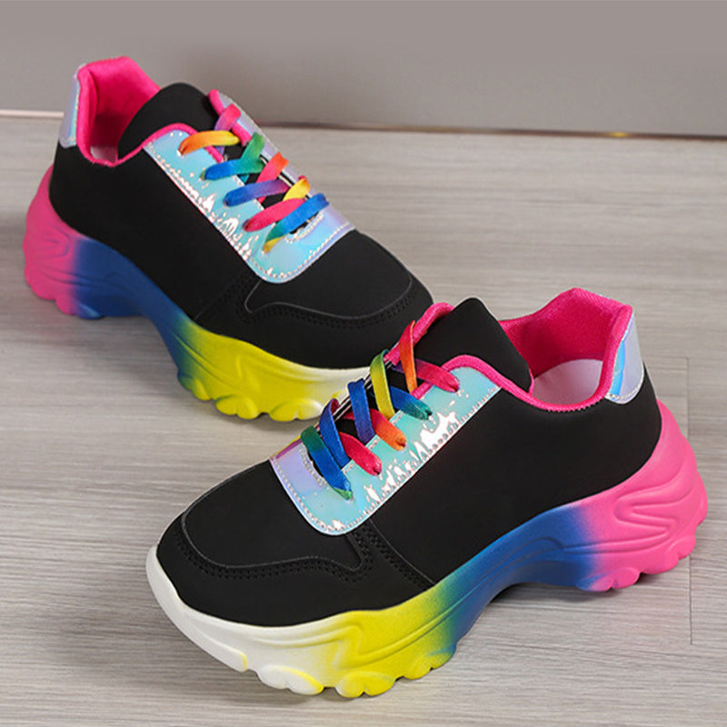 Chaussures de sport de couleur arc-en-ciel de style INS pour femmes, baskets à lacets à semelle épaisse, chaussures de course légères et décontractées à la mode