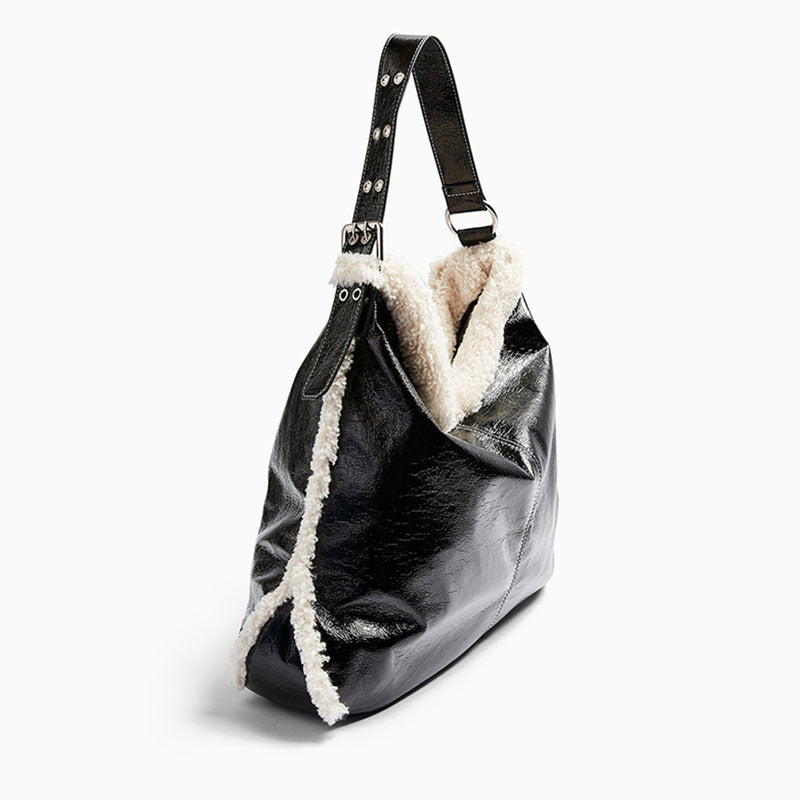 New Autumn And Winter Lamb Hair Stitching Tote Bag