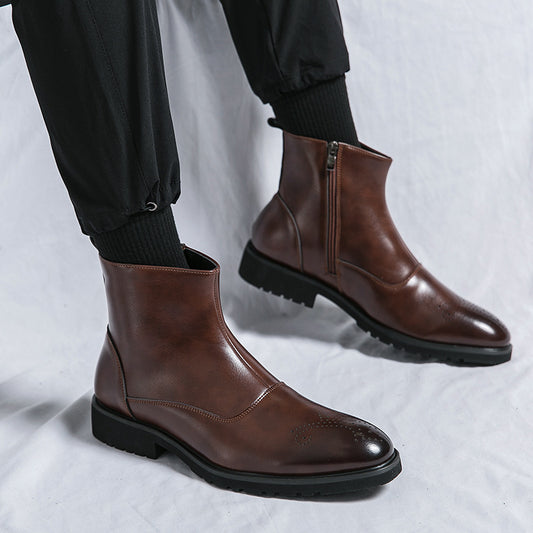 Botas de cuero puntiagudas de color sólido estilo británico con cremallera y sin cordones para hombre para otoño e invierno