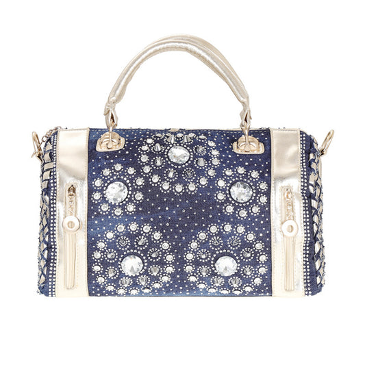 Sac en jean Ceinture en toile Strass Tressé Rivet Seau rond Bandoulière Épaule