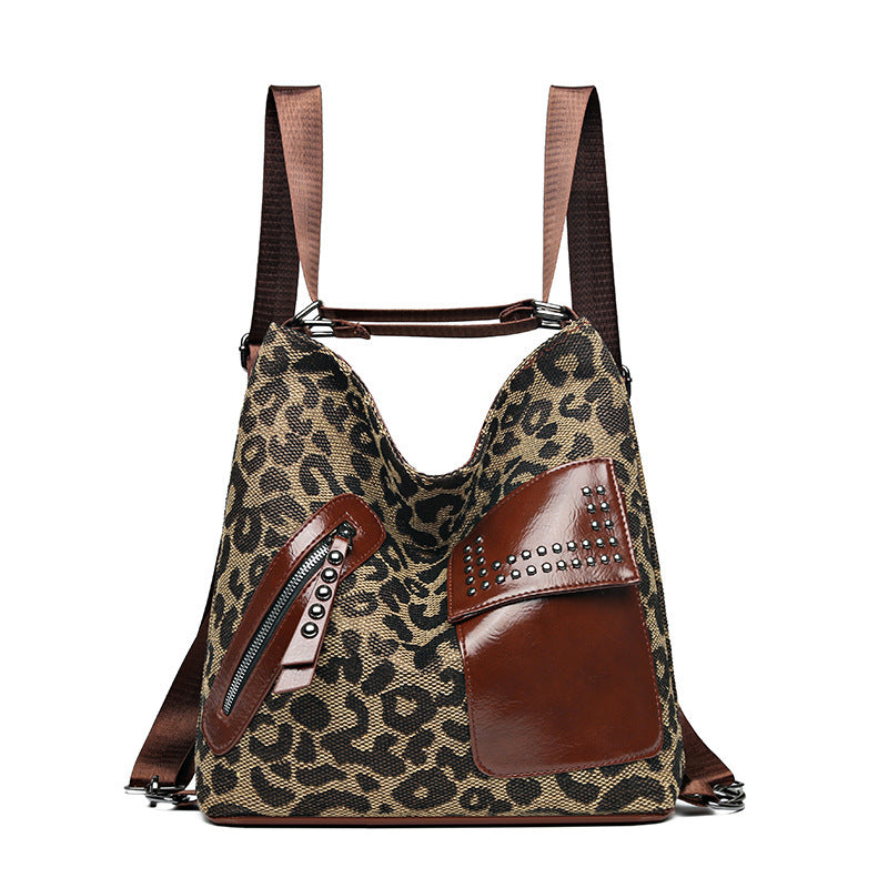 Mochila de pata de gallo para mujer, diseño de remaches a la moda, bolsos de hombro de leopardo