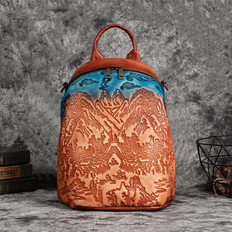 Mochila de piel de vacuno curtida vegetal con relieve vintage