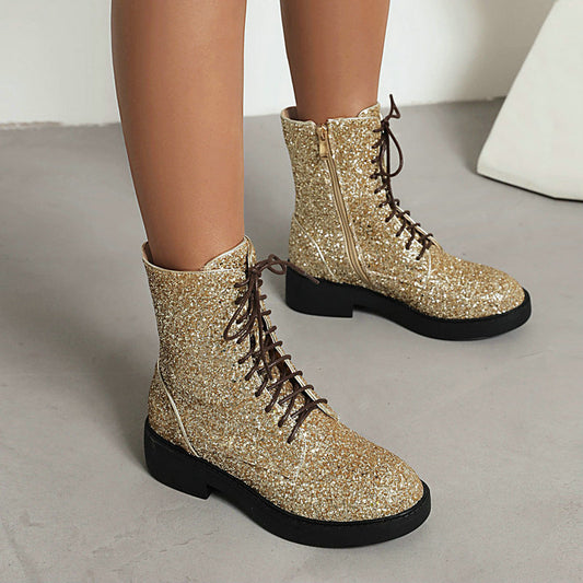 Autumn And Winter New Martin Boots Sequined Round Toe Low Heel Thick Heel Front Lace-up Women's Ankle Boots