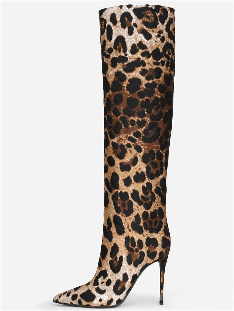 Women's Fashion Pointed Stiletto Heel Leopard Print Boots