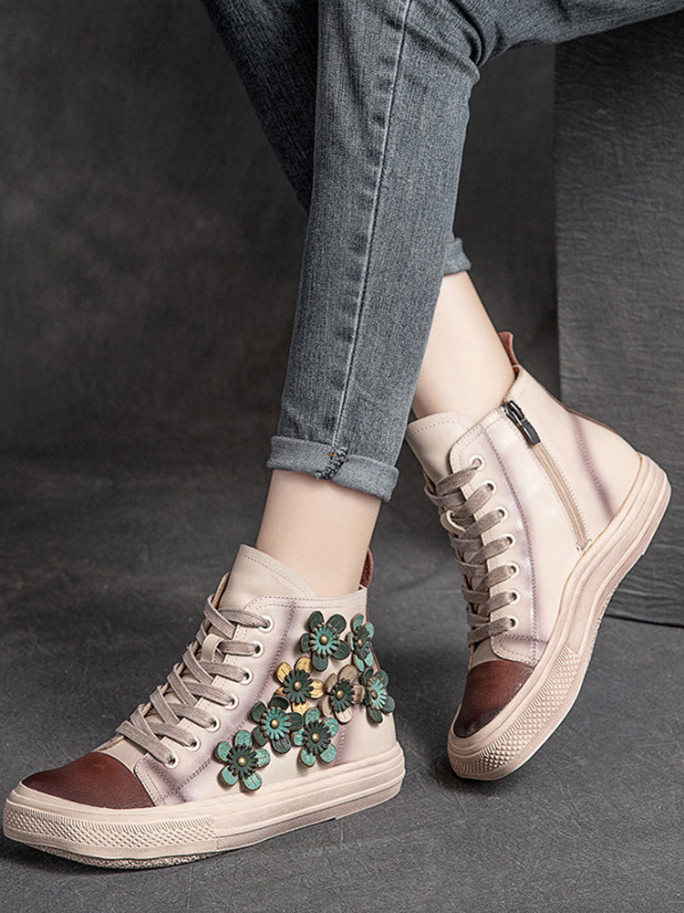 Zapatos de caña alta con cabeza cuadrada y flores en contraste para mujer