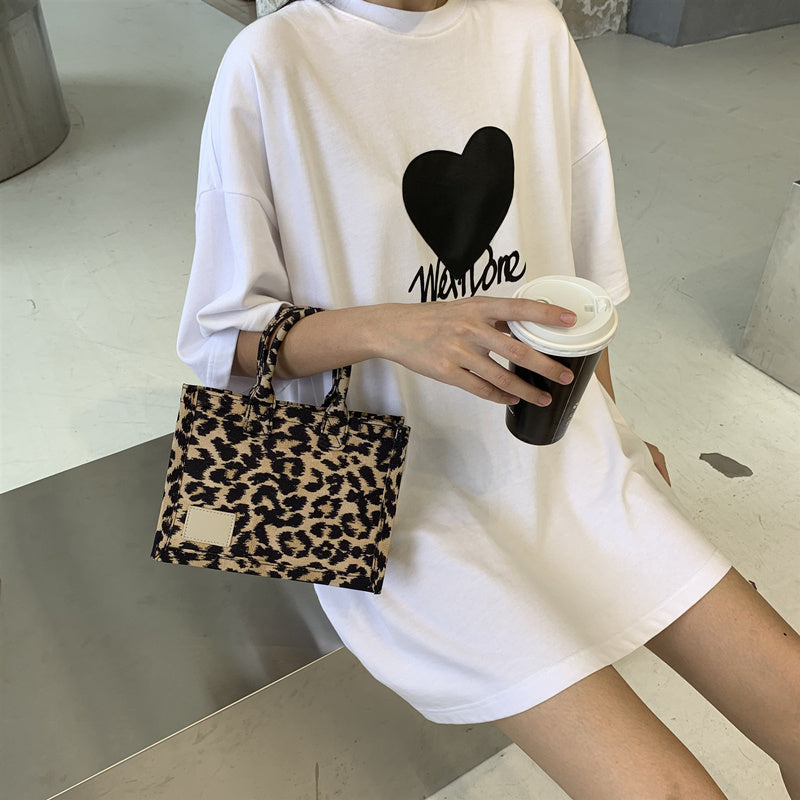 Leopard Print Tote Bag Canvas Wide Shoulder Strap Handy Shoulder Bag