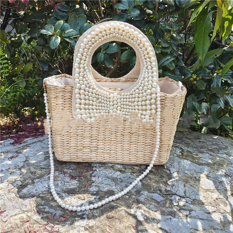 Sac de plage d'été en paille tressée avec nœud et perles