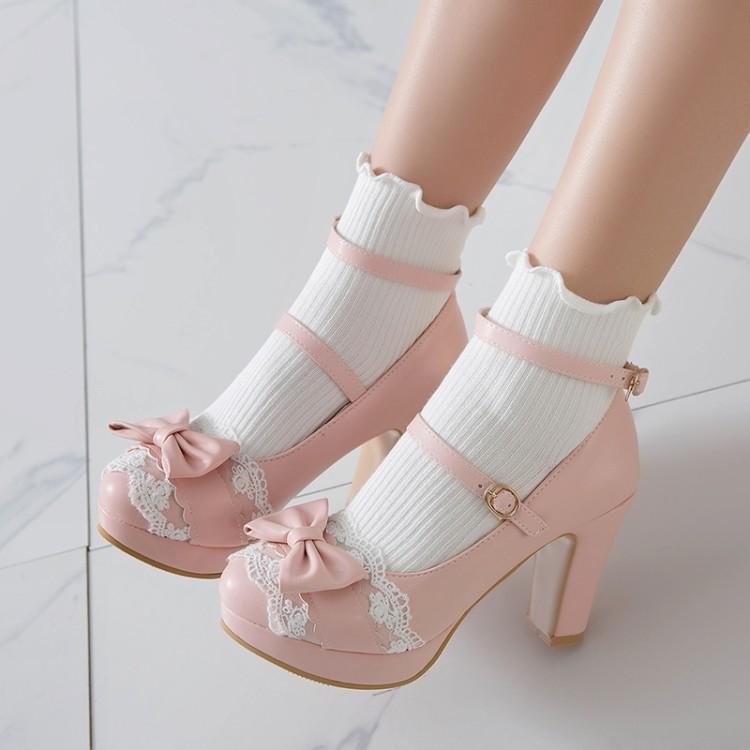 Chunky-heeled Bow Lace All-match Shoes