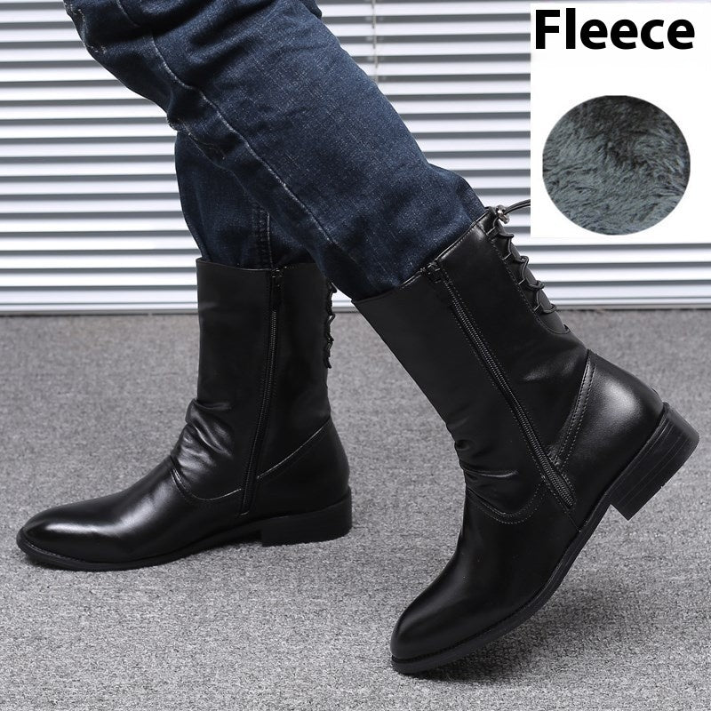 Pointed Leather Boots Men's British Korean High-top Leather Shoes Mid-calf Length